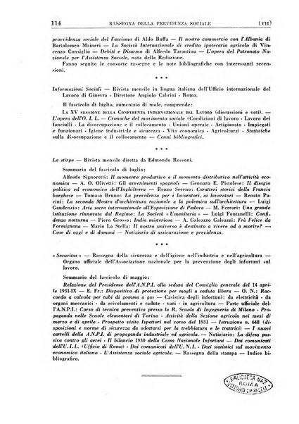 Rassegna della previdenza sociale assicurazioni e legislazione sociale, infortuni e igiene del lavoro