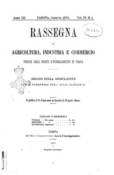 Rassegna di agricoltura, industria e commercio pubblicazione della Società d'incoraggiamento di Padova