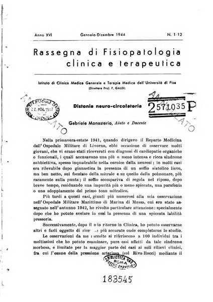 Rassegna di fisiopatologia clinica e terapeutica