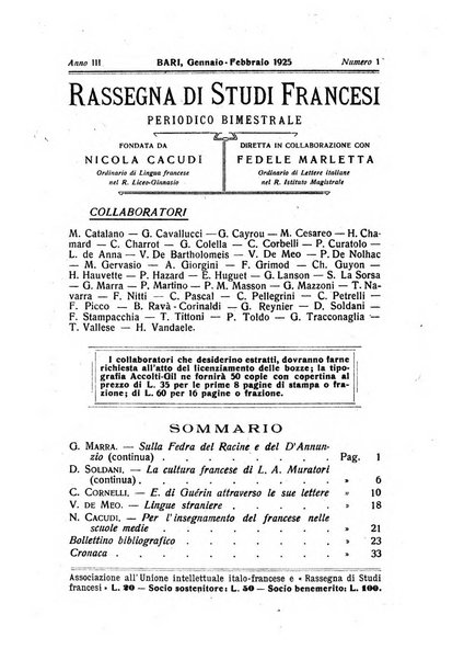 Rassegna di studi francesi organo trimestrale della Sezione pugliese dell'Union intellectuelle franco-italienne di Parigi