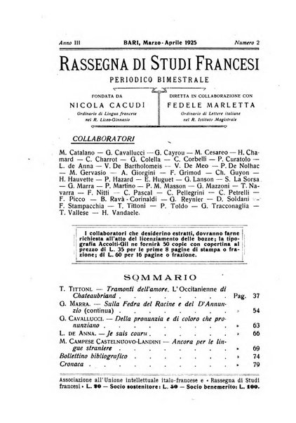 Rassegna di studi francesi organo trimestrale della Sezione pugliese dell'Union intellectuelle franco-italienne di Parigi