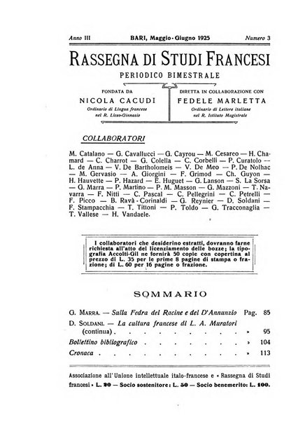 Rassegna di studi francesi organo trimestrale della Sezione pugliese dell'Union intellectuelle franco-italienne di Parigi