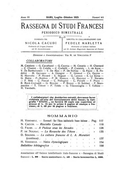 Rassegna di studi francesi organo trimestrale della Sezione pugliese dell'Union intellectuelle franco-italienne di Parigi