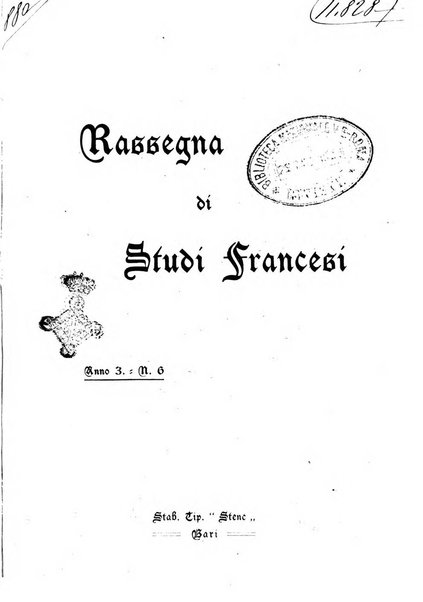 Rassegna di studi francesi organo trimestrale della Sezione pugliese dell'Union intellectuelle franco-italienne di Parigi