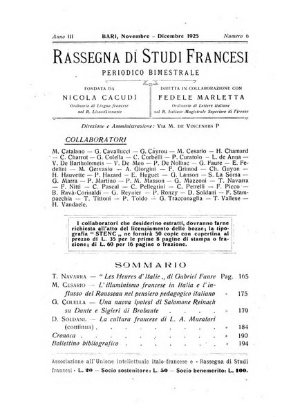 Rassegna di studi francesi organo trimestrale della Sezione pugliese dell'Union intellectuelle franco-italienne di Parigi