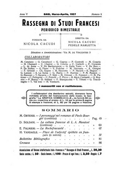 Rassegna di studi francesi organo trimestrale della Sezione pugliese dell'Union intellectuelle franco-italienne di Parigi