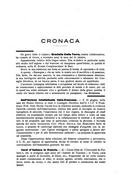 Rassegna di studi francesi organo trimestrale della Sezione pugliese dell'Union intellectuelle franco-italienne di Parigi