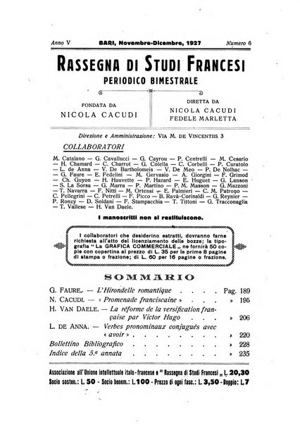 Rassegna di studi francesi organo trimestrale della Sezione pugliese dell'Union intellectuelle franco-italienne di Parigi