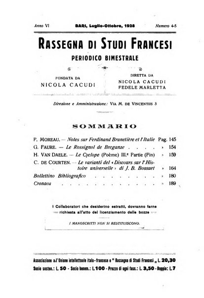 Rassegna di studi francesi organo trimestrale della Sezione pugliese dell'Union intellectuelle franco-italienne di Parigi