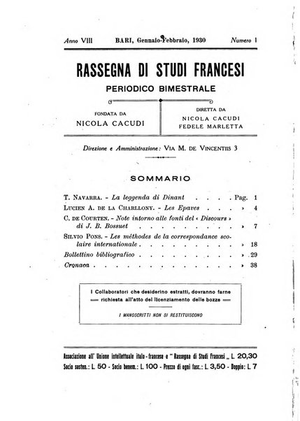 Rassegna di studi francesi organo trimestrale della Sezione pugliese dell'Union intellectuelle franco-italienne di Parigi