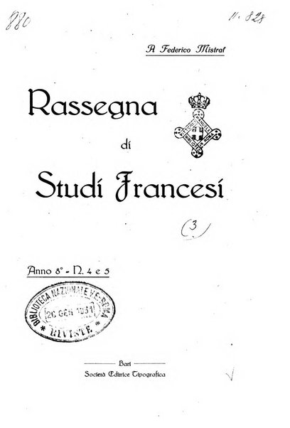 Rassegna di studi francesi organo trimestrale della Sezione pugliese dell'Union intellectuelle franco-italienne di Parigi