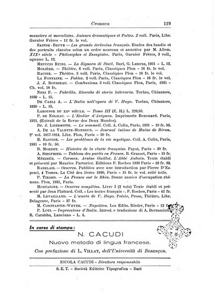 Rassegna di studi francesi organo trimestrale della Sezione pugliese dell'Union intellectuelle franco-italienne di Parigi