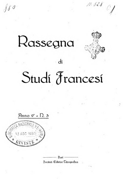 Rassegna di studi francesi organo trimestrale della Sezione pugliese dell'Union intellectuelle franco-italienne di Parigi