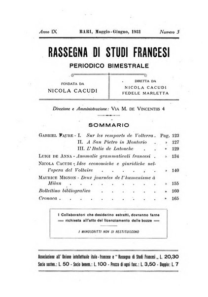 Rassegna di studi francesi organo trimestrale della Sezione pugliese dell'Union intellectuelle franco-italienne di Parigi