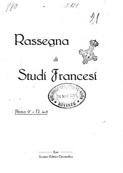 Rassegna di studi francesi organo trimestrale della Sezione pugliese dell'Union intellectuelle franco-italienne di Parigi