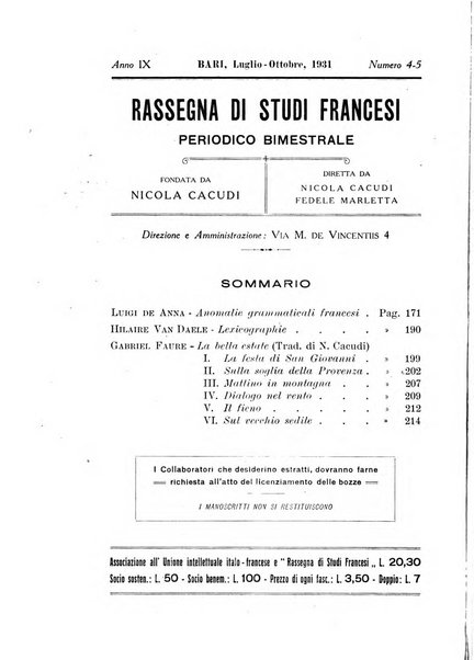 Rassegna di studi francesi organo trimestrale della Sezione pugliese dell'Union intellectuelle franco-italienne di Parigi