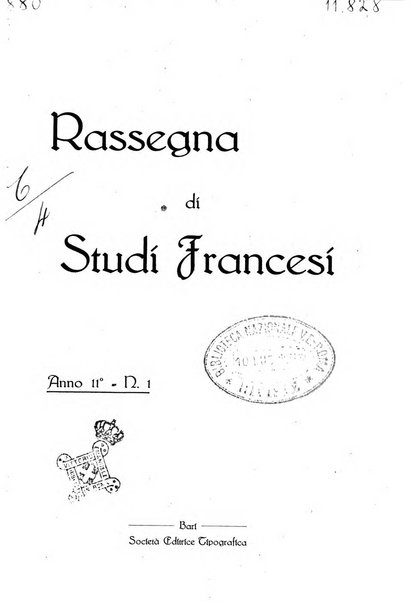 Rassegna di studi francesi organo trimestrale della Sezione pugliese dell'Union intellectuelle franco-italienne di Parigi