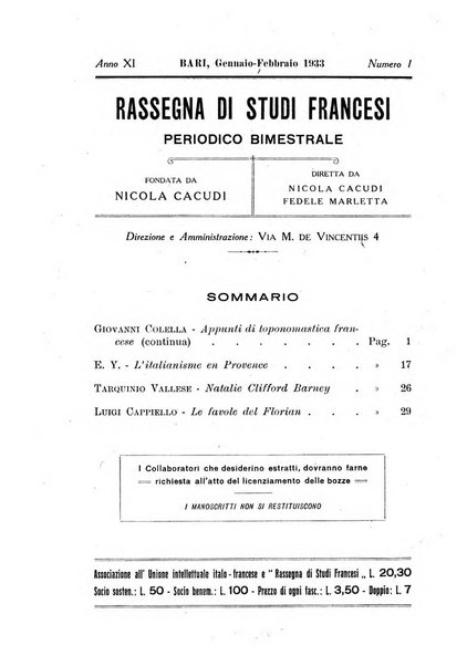 Rassegna di studi francesi organo trimestrale della Sezione pugliese dell'Union intellectuelle franco-italienne di Parigi