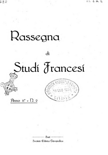 Rassegna di studi francesi organo trimestrale della Sezione pugliese dell'Union intellectuelle franco-italienne di Parigi