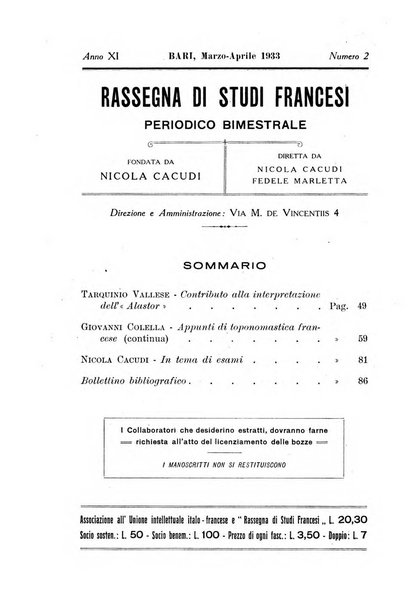 Rassegna di studi francesi organo trimestrale della Sezione pugliese dell'Union intellectuelle franco-italienne di Parigi