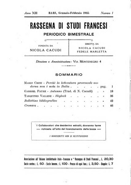 Rassegna di studi francesi organo trimestrale della Sezione pugliese dell'Union intellectuelle franco-italienne di Parigi