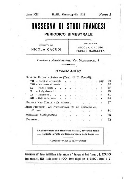 Rassegna di studi francesi organo trimestrale della Sezione pugliese dell'Union intellectuelle franco-italienne di Parigi