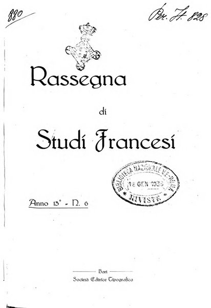 Rassegna di studi francesi organo trimestrale della Sezione pugliese dell'Union intellectuelle franco-italienne di Parigi