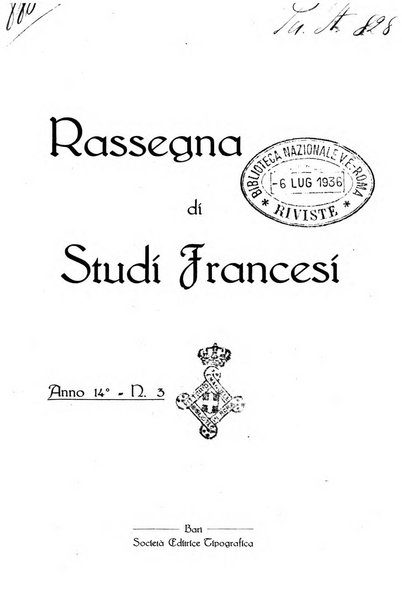 Rassegna di studi francesi organo trimestrale della Sezione pugliese dell'Union intellectuelle franco-italienne di Parigi