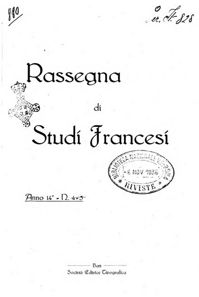 Rassegna di studi francesi organo trimestrale della Sezione pugliese dell'Union intellectuelle franco-italienne di Parigi