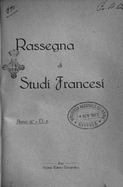 Rassegna di studi francesi organo trimestrale della Sezione pugliese dell'Union intellectuelle franco-italienne di Parigi