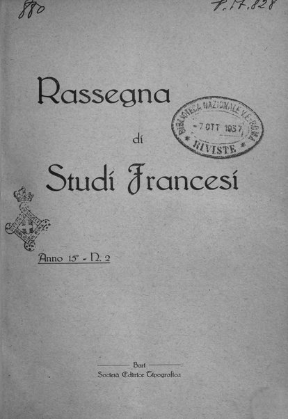 Rassegna di studi francesi organo trimestrale della Sezione pugliese dell'Union intellectuelle franco-italienne di Parigi