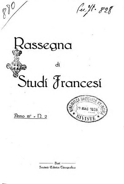 Rassegna di studi francesi organo trimestrale della Sezione pugliese dell'Union intellectuelle franco-italienne di Parigi