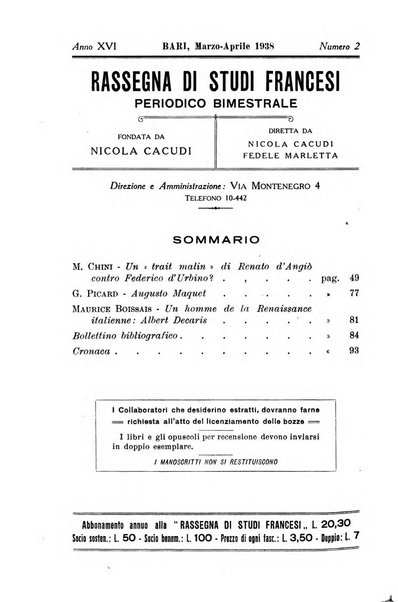 Rassegna di studi francesi organo trimestrale della Sezione pugliese dell'Union intellectuelle franco-italienne di Parigi