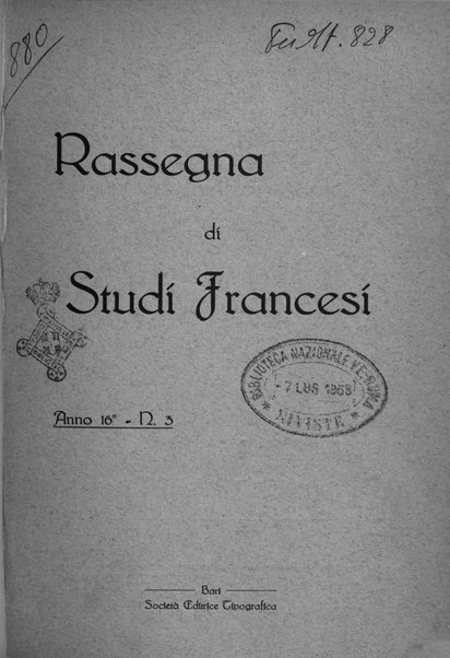 Rassegna di studi francesi organo trimestrale della Sezione pugliese dell'Union intellectuelle franco-italienne di Parigi