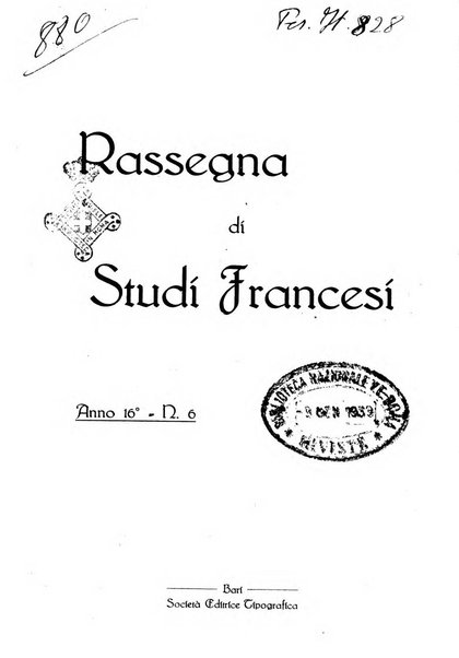 Rassegna di studi francesi organo trimestrale della Sezione pugliese dell'Union intellectuelle franco-italienne di Parigi