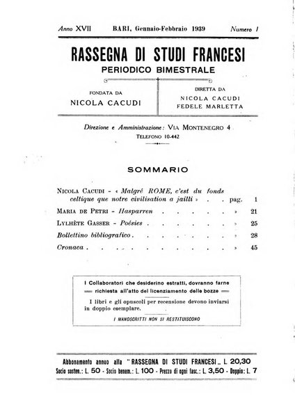 Rassegna di studi francesi organo trimestrale della Sezione pugliese dell'Union intellectuelle franco-italienne di Parigi