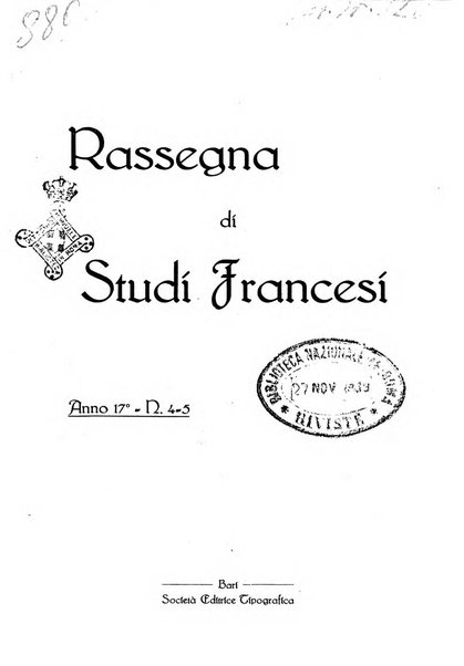 Rassegna di studi francesi organo trimestrale della Sezione pugliese dell'Union intellectuelle franco-italienne di Parigi