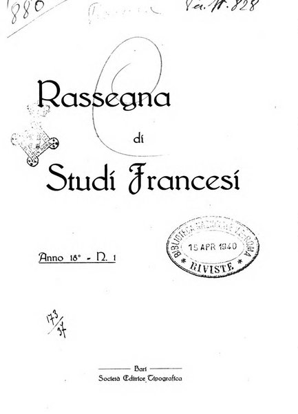 Rassegna di studi francesi organo trimestrale della Sezione pugliese dell'Union intellectuelle franco-italienne di Parigi