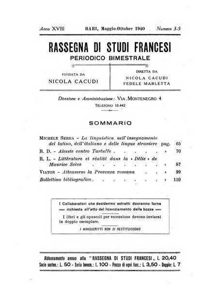 Rassegna di studi francesi organo trimestrale della Sezione pugliese dell'Union intellectuelle franco-italienne di Parigi