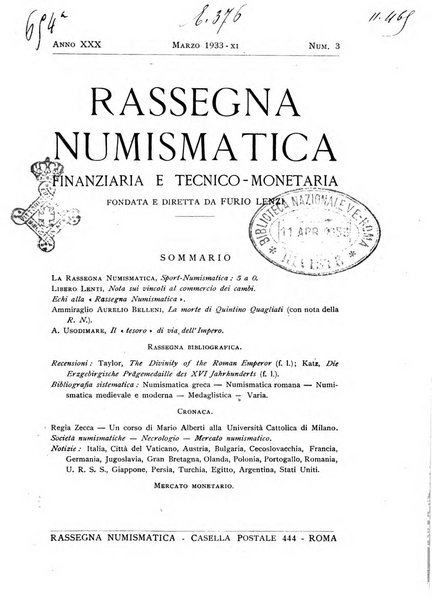 Rassegna numismatica, finanziaria e tecnico-monetaria