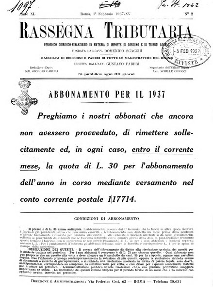 Rassegna tributaria periodico giuridico-finanziario in materia di imposte, di consumo e di tributi locali