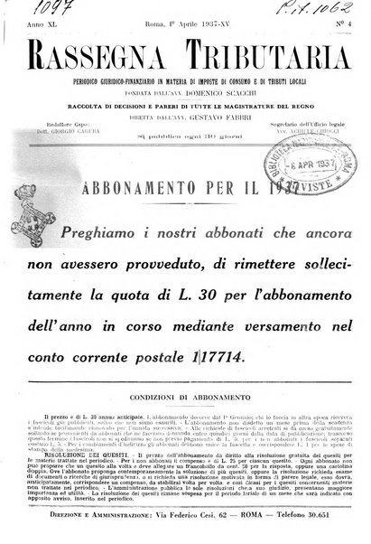 Rassegna tributaria periodico giuridico-finanziario in materia di imposte, di consumo e di tributi locali