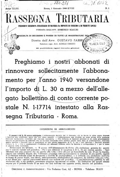 Rassegna tributaria periodico giuridico-finanziario in materia di imposte, di consumo e di tributi locali