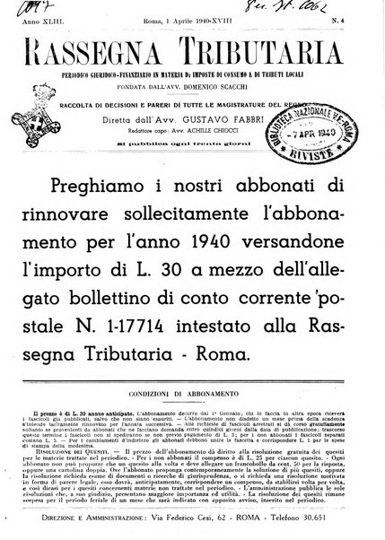 Rassegna tributaria periodico giuridico-finanziario in materia di imposte, di consumo e di tributi locali