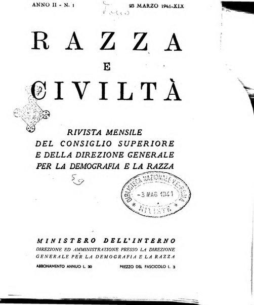 Razza e civilta rivista mensile del Consiglio superiore e della Direzione generale per la demografia e la razza