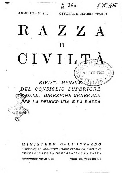 Razza e civilta rivista mensile del Consiglio superiore e della Direzione generale per la demografia e la razza