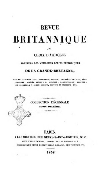 Revue britannique, ou choix d'articles traduits des meilleurs ecrits periodiques de la Grande Bretagne, sur la litterature ...