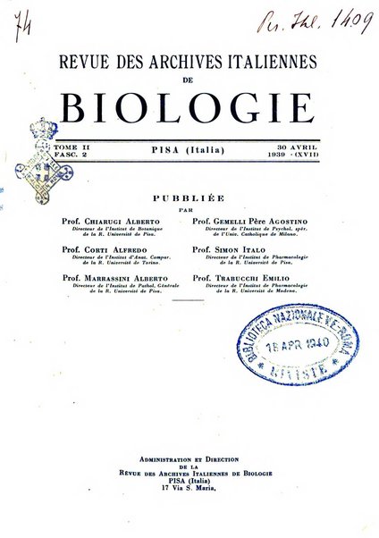 Revue des archives italiennes de biologie