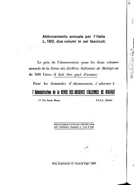 Revue des archives italiennes de biologie