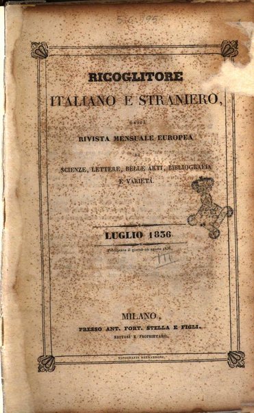 Ricoglitore italiano e straniero, ossia rivista mensuale europea di scienze, lettere, belle arti, bibliografia e varieta